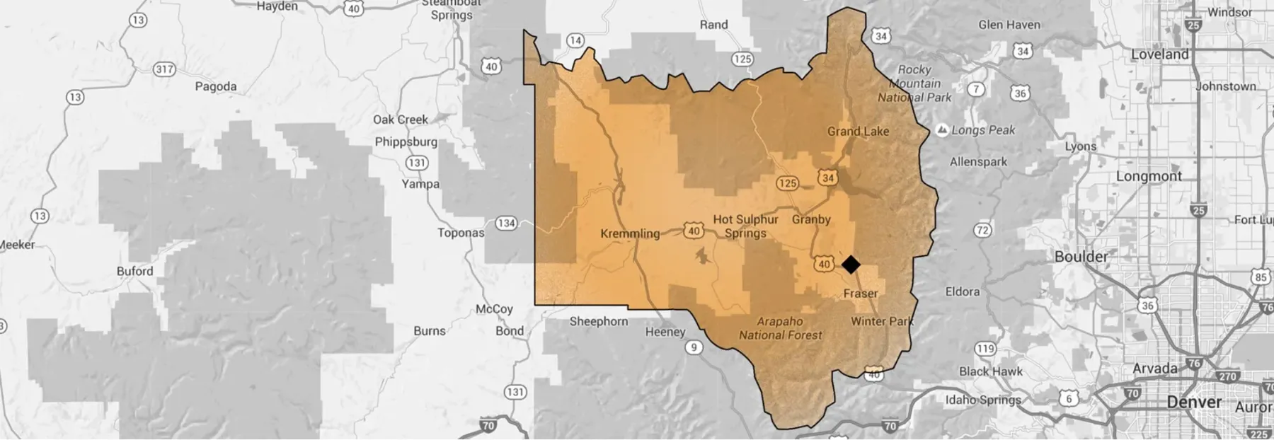 Map of the Rocky Mountain Catastrophe service area covering Grand County, Colorado, with the Tabernash office marked
